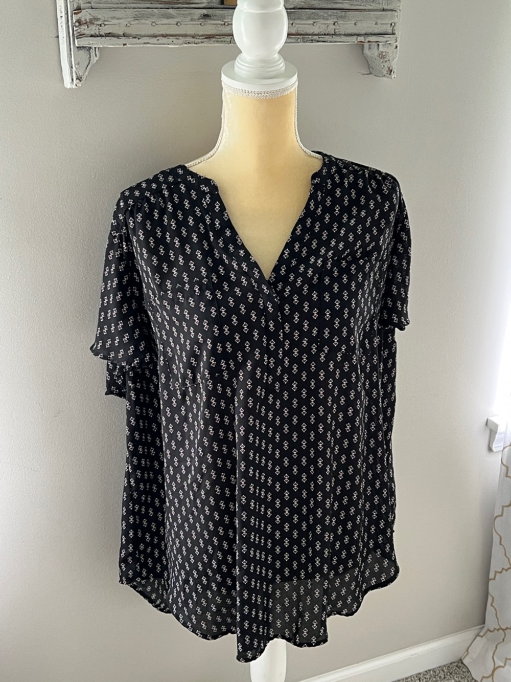 Black Printed V-Neck Flutter Sleeve Blouse